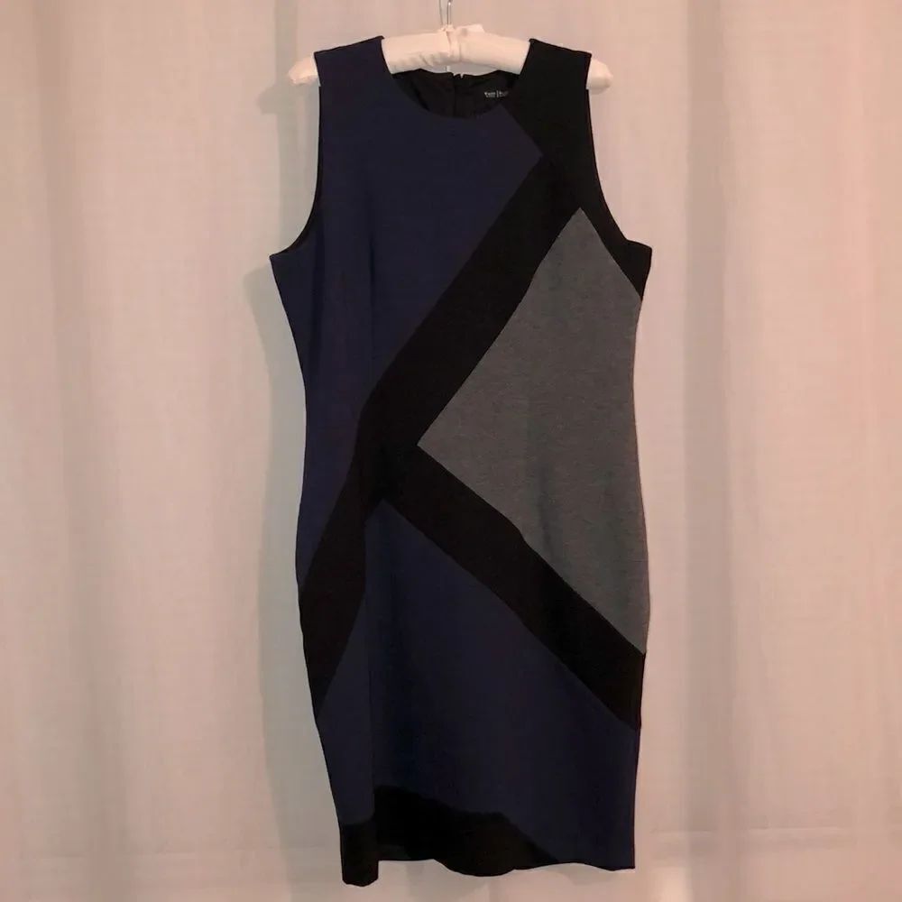 WHBM 14 Navy Gray Black Colorblock Sheath Sleeveless Stretch Midi Dress